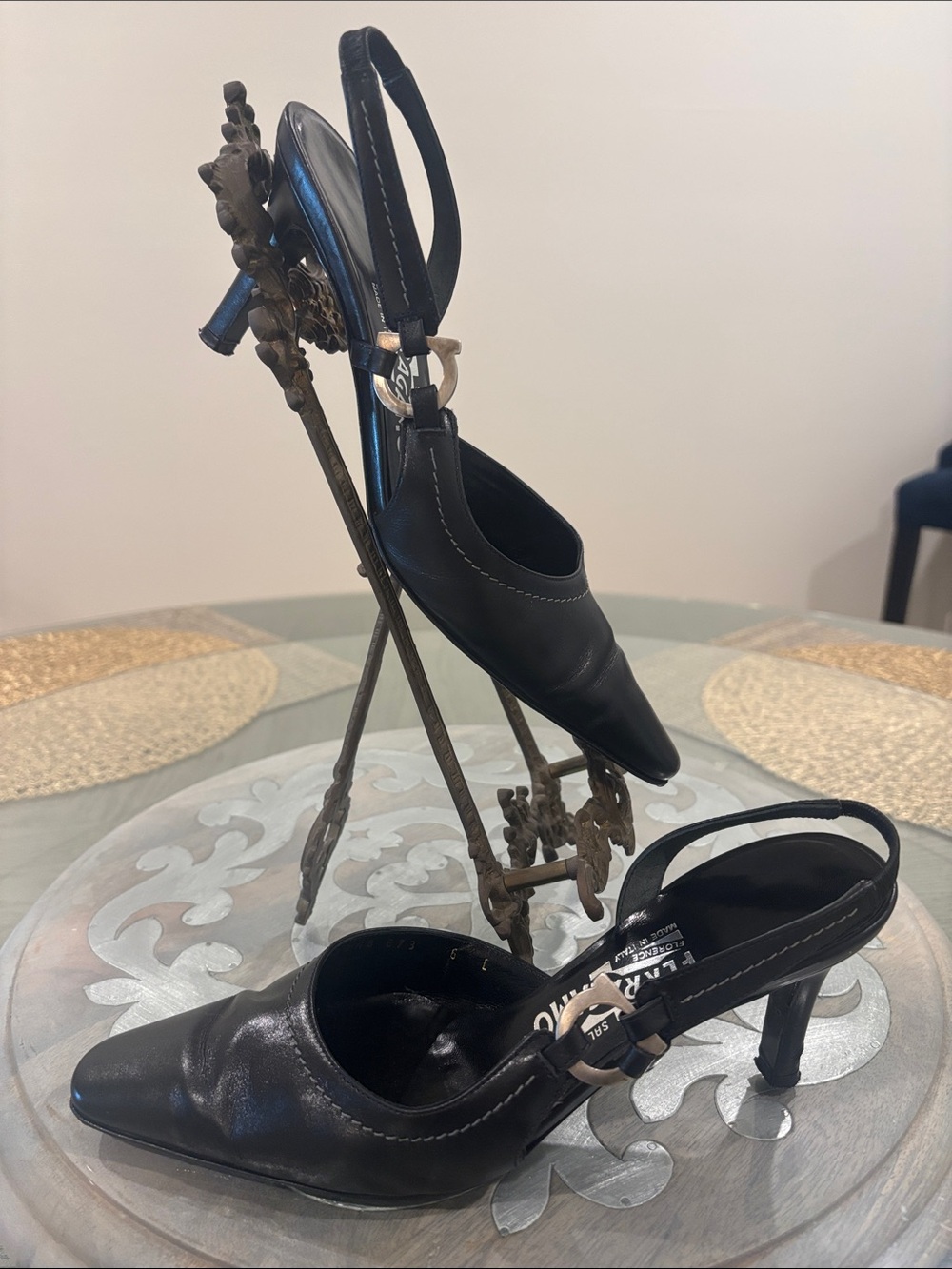 Salvatore Ferragamo Black Leather Pointed Slingback Heels